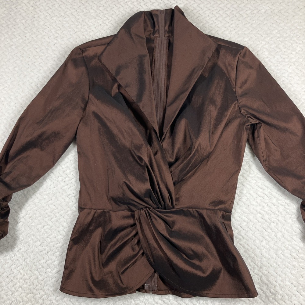 Tadashi‎ Shoji Taffeta Twist Brown Metallic Dressy Peplum Blouse Top Size 2